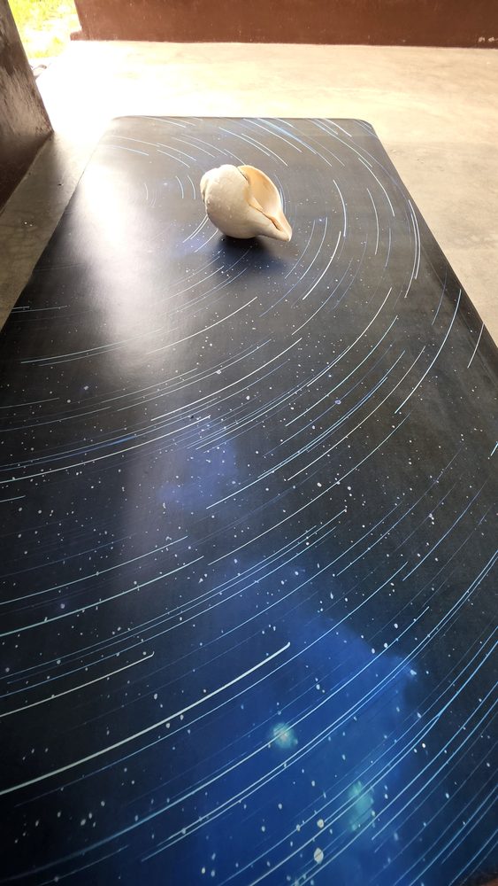 Star-trail yoga mat with a conch shell